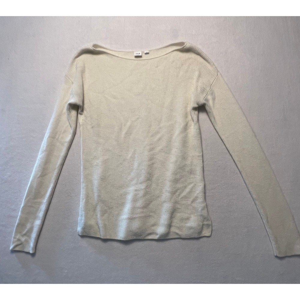 Gap XS Sweater Minimalist Cream Ribbed Boat Neck Merino Wool Blend Long Sleeve